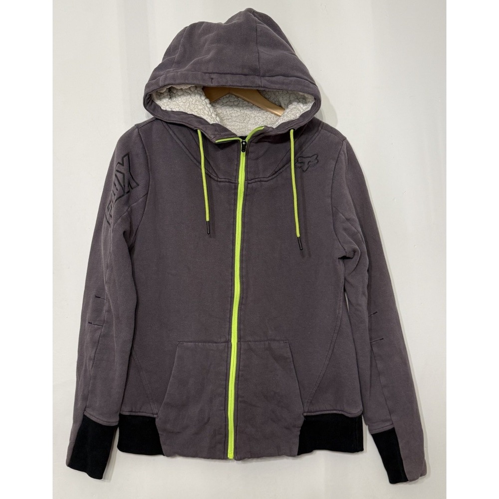 Fox Racing Sherpa Lined Zip Up Hoodie Y2K Grunge Neon Green Large Gray